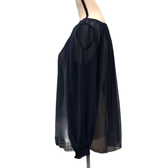 VIE TA VIE NAVY SALLY BLOUSE OFF-THE-SHOULDER SEMI SHEER TOP WITH SCARF/BELT - Picture 6 of 14